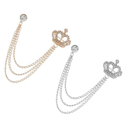 Generisch 2 Stück Strassbesetzte Brosche mit Anhänger Kragenclip für Pullover Cardigan und Hemd Stilvolle Anstecknadel mit Kette Vintage Stil für Damen und Herren Gold und Silberfarben von Generisch