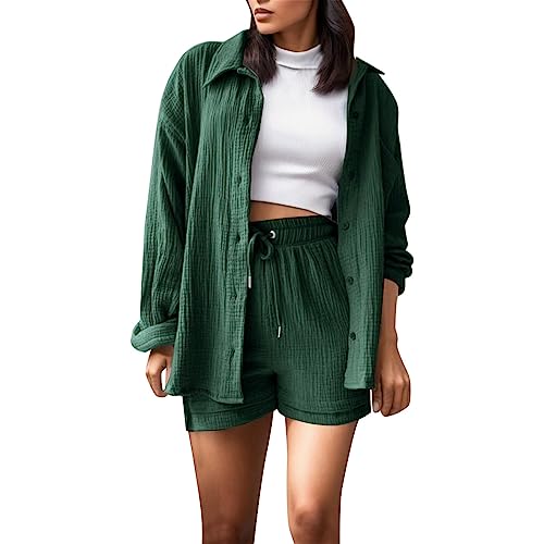 Generisch 2 Teiler Damen Sommer, Zweiteiler Damen Musselin Bluse Sommer Set - Outfit Leinen Bluse Hemd Und Shorts Lounge Set Strand Y2K Clothes Baumwolle Sportanzug Elegant Oversize Freizeitanzug von Generisch