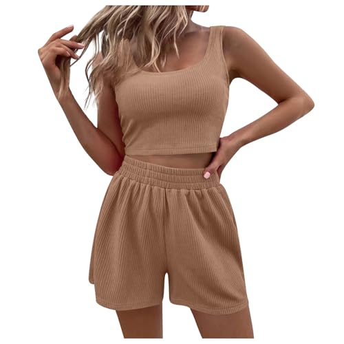 Generisch 2 Teiler Damen Sommer, Zweiteiler Damen Sommer Hosenanzug Elegant Outfits Kleidung 2 Teiler Set Crop Tank Top + Shorts Y2k ärmelloses Yoga Set Workout Sport Anzug Kaffee von Generisch