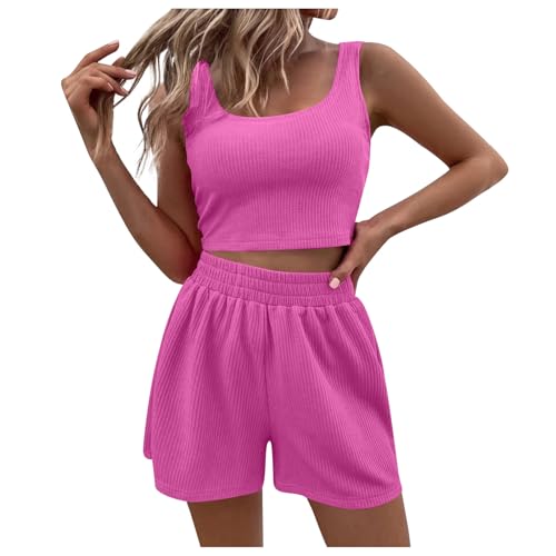 Generisch 2 Teiler Damen Sommer, Zweiteiler Damen Sommer Hosenanzug Elegant Outfits Kleidung 2 Teiler Set Crop Tank Top + Shorts Y2k ärmelloses Yoga Set Workout Sport Anzug Pink von Generisch