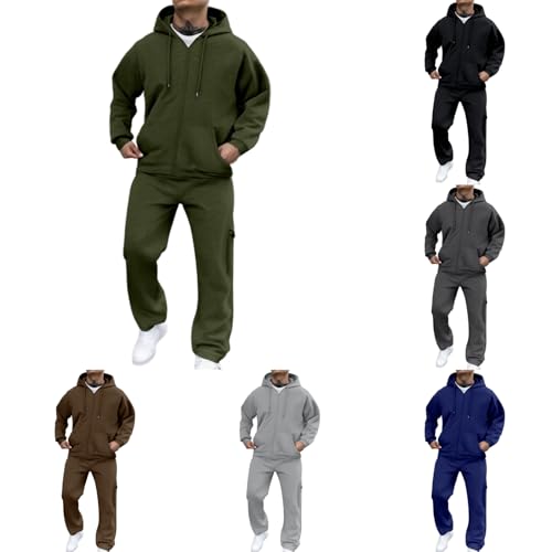 Generisch 2 Teiler Jogginganzug Herren Einfarbig Trainingsanzug 2-Teilig Freizeitanzug Langarm Hoodie Mit Kapuze Und Taschen Weites Bein Jogginghose Fitness Sportanzug Weich Hausanzug Armeegrün XL von Generisch