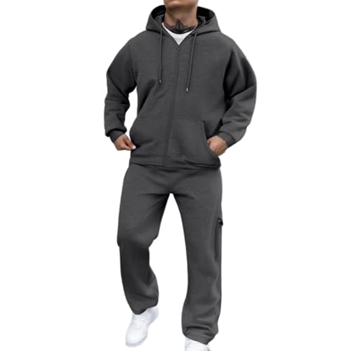 Generisch 2 Teiler Jogginganzug Herren Einfarbig Trainingsanzug 2-Teilig Freizeitanzug Langarm Hoodie Mit Kapuze Und Taschen Weites Bein Jogginghose Fitness Sportanzug Weich Hausanzug Dark Gray L von Generisch