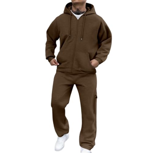 Generisch 2 Teiler Jogginganzug Herren Einfarbig Trainingsanzug 2-Teilig Freizeitanzug Langarm Hoodie Mit Kapuze Und Taschen Weites Bein Jogginghose Fitness Sportanzug Weich Hausanzug Kaffee XXXL von Generisch