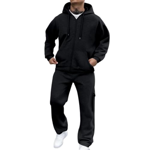 Generisch 2 Teiler Jogginganzug Herren Einfarbig Trainingsanzug 2-Teilig Freizeitanzug Langarm Hoodie Mit Kapuze Und Taschen Weites Bein Jogginghose Fitness Sportanzug Weich Hausanzug Schwarz M von Generisch