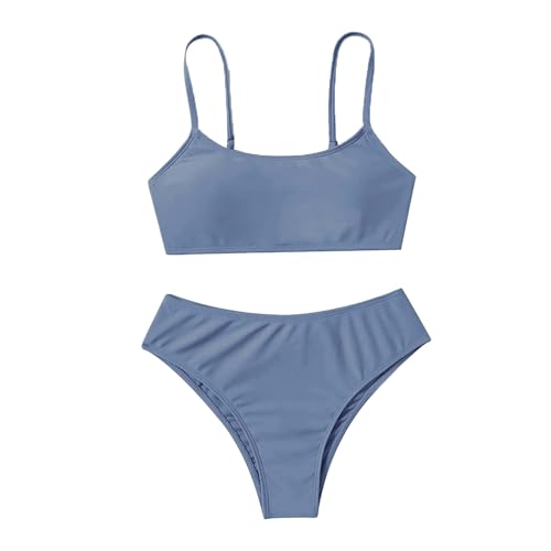 Generisch 2 Teilig Bikini Sets Mädchen Einfarbig Zweiteiliger Badeanzug mit Unterhemd Unterteile Sommer Strand Pool Schnelltrocknender Tankini Sets für Teenager (Sky Blue, 10-11 Years) von Generisch