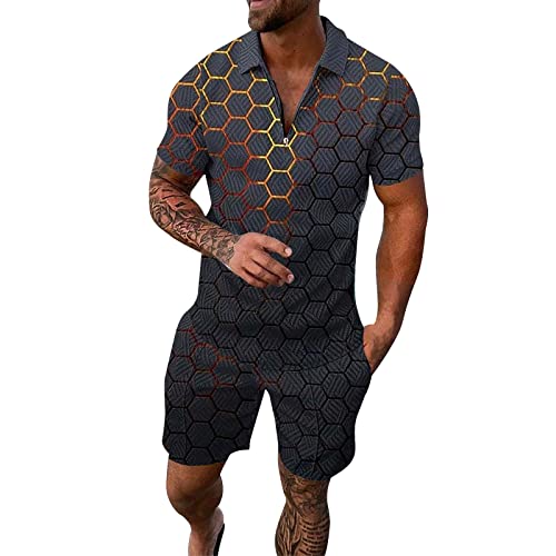Generisch 2 Teiliges Herren Sportanzug,Herren Sportswear Print Farbe Kurzarm Zip Shirt Shorts Set Sommer LäSsige Streetwear AnzüGe Tracksuit Herren Tracksuit Poloshirts Sportanzug Herren Baumwolle von Generisch
