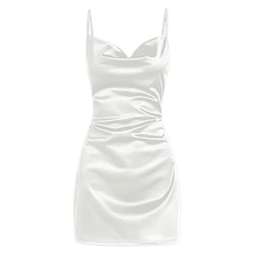 Generisch 2024 Damen-Minikleid aus Satin, ärmellos, Spaghettiträger, sexy Slip, Wasserfallausschnitt, seidige Cocktailparty-Kleider Festliche Kleider Rot (White, S) von Generisch