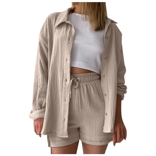Generisch 2024 Damen Zweiteiler Outfit Sommer Freizeitanzug Einfarbig Bluse und Shorts 2 Teiler Kleidung Elegant Strand Urlaub Lounge Damen Set Button Down Hemd und Shorts Set Loungewear von Generisch