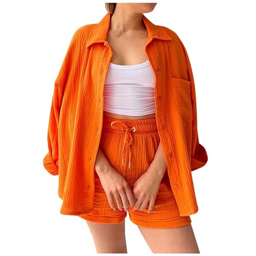 Generisch 2024 Damen Zweiteiler Outfit Sommer Freizeitanzug Einfarbig Bluse und Shorts 2 Teiler Kleidung Elegant Strand Urlaub Lounge Damen Set Button Down Hemd und Shorts Set Loungewear von Generisch