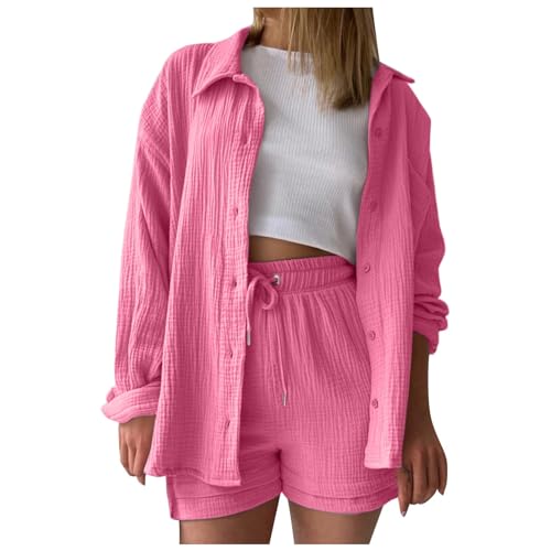 Generisch 2024 Damen Zweiteiler Outfit Sommer Freizeitanzug Einfarbig Bluse und Shorts 2 Teiler Kleidung Elegant Strand Urlaub Lounge Damen Set Button Down Hemd und Shorts Set Loungewear von Generisch