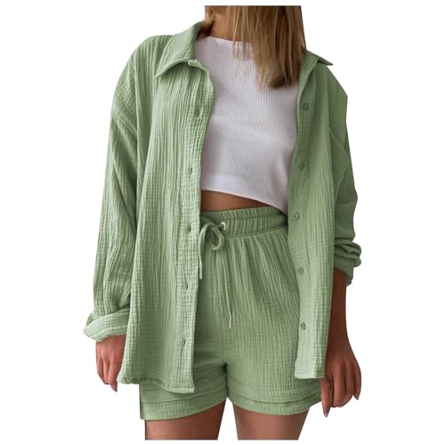 Generisch 2024 Damen Zweiteiler Outfit Sommer Freizeitanzug Einfarbig Bluse und Shorts 2 Teiler Kleidung Elegant Strand Urlaub Lounge Damen Set Button Down Hemd und Shorts Set Loungewear von Generisch