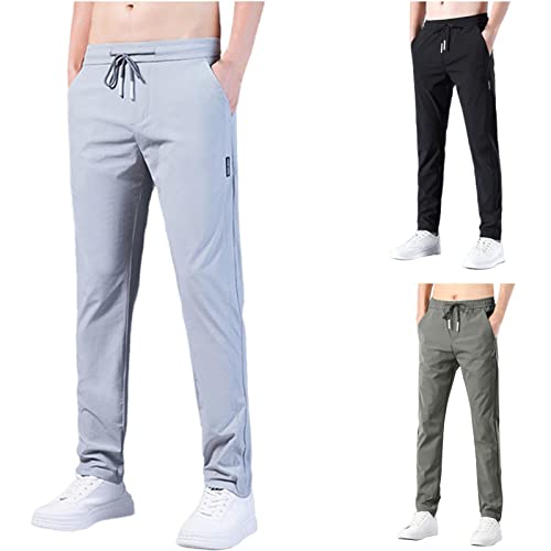 Generisch 2024 Hosen Herren Lang Leicht Loose Fit Sommerhose Einfarbig Männer Freizeithose Sommer Bequeme Hose Baumwolle Stoffhose mit Tunnelzug und Taschen (Grau, M) von Generisch