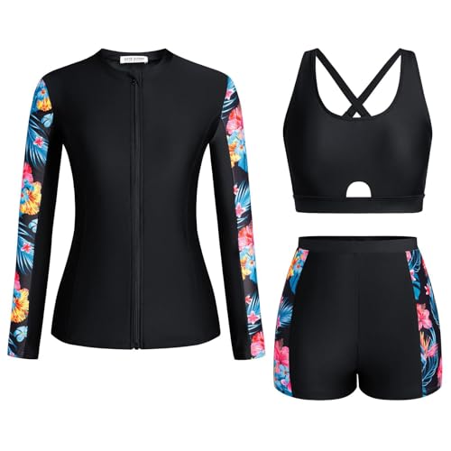 Generisch 2025 3-teiliges Rashguard-Badeanzug-Set für Damen langärmelig mit Boyshorts Push-Up-Bikini-Sets Universum Modell (Other XL) von Generisch
