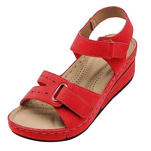Generisch 2025 Bequeme, lässige Schuhe für Damen, Damen, Mädchen, ausgeschnittene Keilsandalen, modische Outdoor-Sandalen mit Knöchelriemen (Red, 39) von Generisch