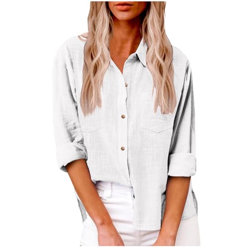 Generisch 2025 Bluse Damen Sommer Musselin Baumwolle Blusen Elegant Freizeit Leinenbluse Einfarbig Blusenshirt Revers Leinenhemd Große Größen Langarm V-Ausschnitt Longbluse Oversized mit Taschen Hemd von Generisch