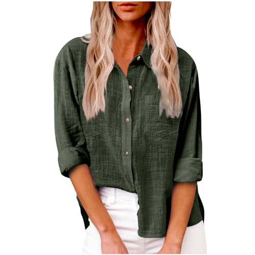 Generisch 2025 Bluse Damen Sommer Musselin Baumwolle Blusen Elegant Freizeit Leinenbluse Einfarbig Blusenshirt Revers Leinenhemd Große Größen Langarm V-Ausschnitt Longbluse Oversized mit Taschen Hemd von Generisch