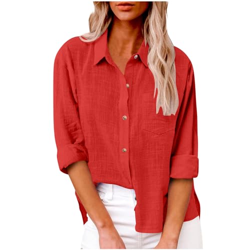 Generisch 2025 Bluse Damen Sommer Musselin Baumwolle Blusen Elegant Freizeit Leinenbluse Einfarbig Blusenshirt Revers Leinenhemd Große Größen Langarm V-Ausschnitt Longbluse Oversized mit Taschen Hemd von Generisch