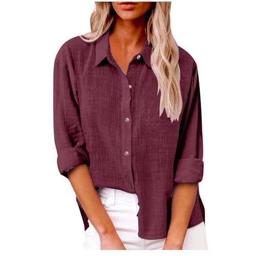 Generisch 2025 Bluse Damen Sommer Musselin Baumwolle Blusen Elegant Freizeit Leinenbluse Einfarbig Blusenshirt Revers Leinenhemd Große Größen Langarm V-Ausschnitt Longbluse Oversized mit Taschen Hemd von Generisch