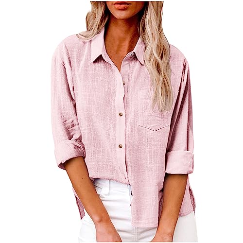 Generisch 2025 Bluse Damen Sommer Musselin Baumwolle Blusen Elegant Freizeit Leinenbluse Einfarbig Blusenshirt Revers Leinenhemd Große Größen Langarm V-Ausschnitt Longbluse Oversized mit Taschen Hemd von Generisch