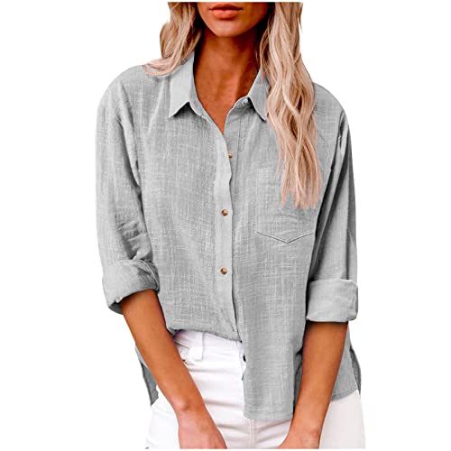 Generisch 2025 Bluse Damen Sommer Musselin Baumwolle Blusen Elegant Freizeit Leinenbluse Einfarbig Blusenshirt Revers Leinenhemd Große Größen Langarm V-Ausschnitt Longbluse Oversized mit Taschen Hemd von Generisch
