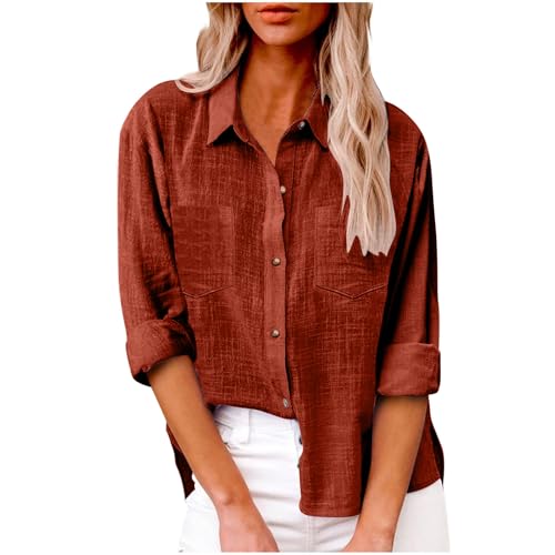 Generisch 2025 Bluse Damen Sommer Musselin Baumwolle Blusen Elegant Freizeit Leinenbluse Einfarbig Blusenshirt Revers Leinenhemd Große Größen Langarm V-Ausschnitt Longbluse Oversized mit Taschen Hemd von Generisch
