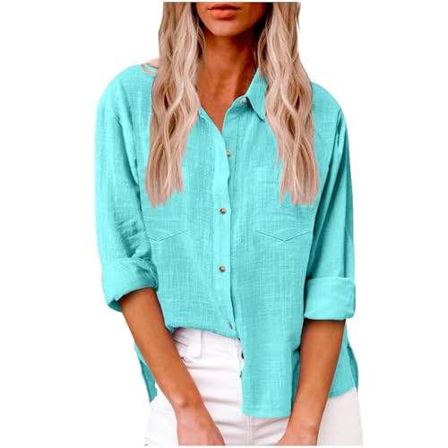 Generisch 2025 Bluse Damen Sommer Musselin Baumwolle Blusen Elegant Freizeit Leinenbluse Einfarbig Blusenshirt Revers Leinenhemd Große Größen Langarm V-Ausschnitt Longbluse Oversized mit Taschen Hemd von Generisch