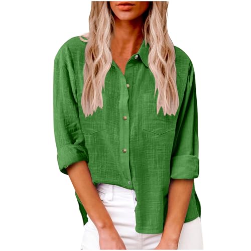 Generisch 2025 Bluse Damen Sommer Musselin Baumwolle Blusen Elegant Freizeit Leinenbluse Einfarbig Blusenshirt Revers Leinenhemd Große Größen Langarm V-Ausschnitt Longbluse Oversized mit Taschen Hemd von Generisch