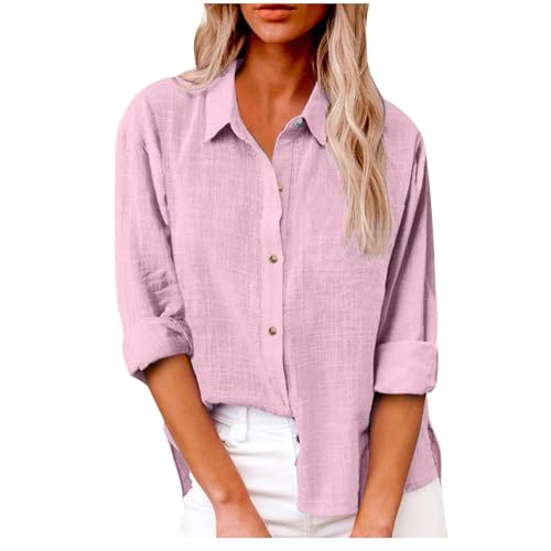 Generisch 2025 Bluse Damen Sommer Musselin Baumwolle Blusen Elegant Freizeit Leinenbluse Einfarbig Blusenshirt Revers Leinenhemd Große Größen Langarm V-Ausschnitt Longbluse Oversized mit Taschen Hemd von Generisch