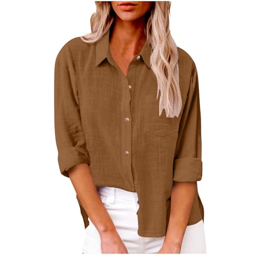 Generisch 2025 Bluse Damen Sommer Musselin Baumwolle Blusen Elegant Freizeit Leinenbluse Einfarbig Blusenshirt Revers Leinenhemd Große Größen Langarm V-Ausschnitt Longbluse Oversized mit Taschen Hemd von Generisch