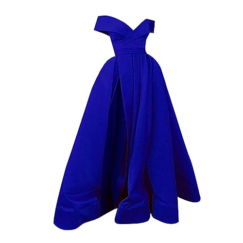 Generisch 2025 - Bodenlanger Cocktail-Damen-Chiffon-Stil, Temperament, Retro-Sommer-Cocktail, niedriger Ausschnitt, V-Ausschnitt, Hochzeits-Passform, einfarbig Seiden Kleider Damen (Blue, S) von Generisch