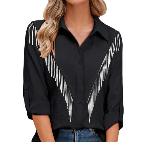 Generisch 2025 - Damen Button-Down-Hemd mit Strass-Fransen, gerollte 3/4-Ärmel, glitzerndes Top, Konzert-Western-Outfit Bauchfreie Blusen Damen Sommer (Black, M) von Generisch