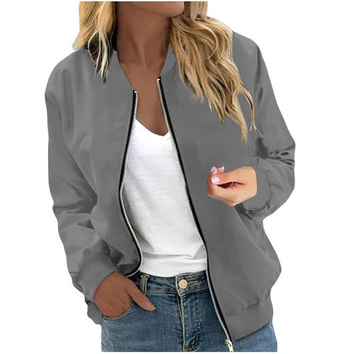 Generisch 2025 - Damen Casual Floral Zip Up Jacke Frühling Langarm Mantel Ständer Leichte Kurze Outwear Tops Mantel Weich Damen (Light Gray, M) von Generisch