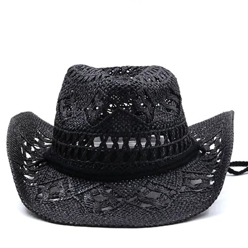 Generisch 2025- Damen Herren Sommer Western Cowboyhut Formbarer Strohhut Ausgehöhlter Sonnenhut 2025 (Black One Size) von Generisch