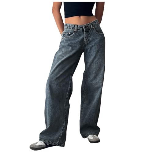 2025 Damen Jeans mit weitem Bein niedriger Taille lockere Passform Boyfriendjeans gerader Schnitt Trendige Stretch-Jeans Lange Jeanshose Hose Mit Damen (Dark Blue XS) von Generisch