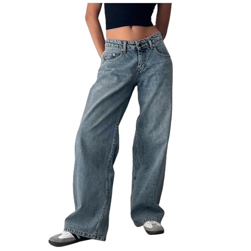 2025 Damen Jeans mit weitem Bein niedriger Taille lockere Passform Boyfriendjeans gerader Schnitt Trendige Stretch-Jeans Lange Jeanshose Hose Mit Damen (Sky Blue S) von Generisch