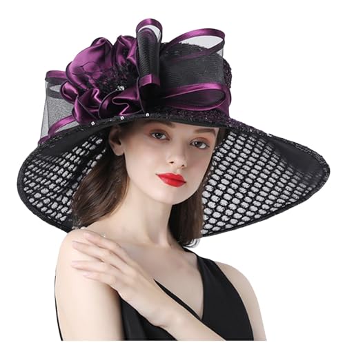 Generisch 2025 Damen-Kirchenhut mit breiter Krempe Sonnenhüte für Hochzeit Teeparty Fascinator-Hut Sonnenhut Jungen Türkis (Purple L) von Generisch