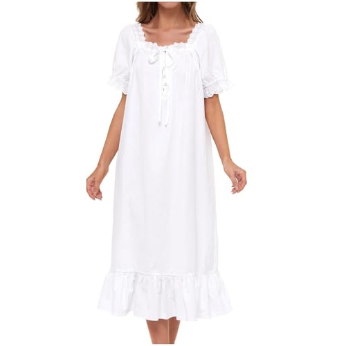 Generisch 2025 - Damen Nachthemd Baumwolle Nachtwäsche Lange Loungewear Kurzarm Vintage Prinzessin Nachthemd Damen (White, L) von Generisch
