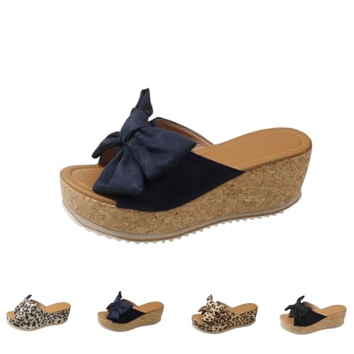 Generisch 2025 Damen Sandalen mit Bogen Unterstützung Trendy Bow-Knot Slide Wedge Hausschuhe Bequeme Offene Zehe Rutschfeste Wanderschuhe (Bleu,40) von Generisch