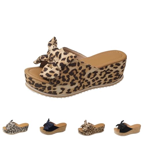 Generisch 2025 Damen Sandalen mit Bogen Unterstützung Trendy Bow-Knot Slide Wedge Hausschuhe Bequeme Offene Zehe Rutschfeste Wanderschuhe (Léopard brun,40) von Generisch