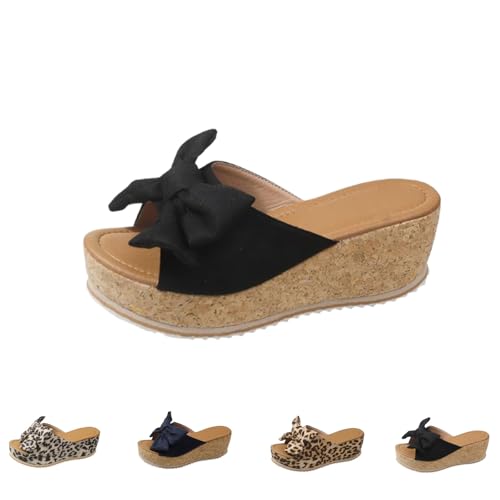 Generisch 2025 Damen Sandalen mit Bogen Unterstützung Trendy Bow-Knot Slide Wedge Hausschuhe Bequeme Offene Zehe Rutschfeste Wanderschuhe (Noir,39) von Generisch