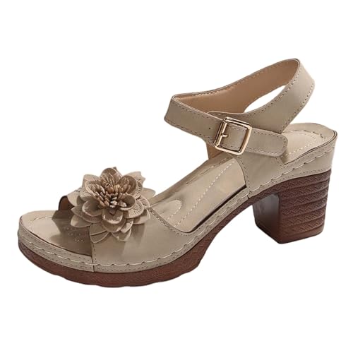 Generisch 2025 Damen Sommer Sandalen mit Blumenmuster Schnallenriemen, lässig, offene Zehenpartie, quadratischer Absatz, bequeme Strandschuhe (Khaki, 41) von Generisch