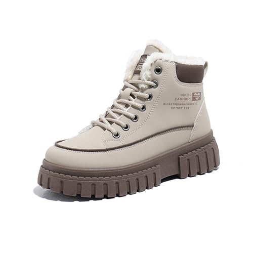 Generisch 2025 Damen Winter Fleece Schnürstiefeletten Plateau Stiefeletten Warme Bequeme Schneestiefel Weiße Sneaker Schuhe Damen Stoff (Khaki, 36) von Generisch