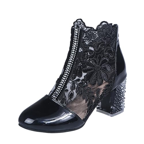 Generisch 2025 Damenschuhe Elegante Spitze Blumen Blockabsatz rutschfeste Mesh Strass Abend Party Brautschuhe Schuhe Damen Gr. 38 (Black, 35) von Generisch