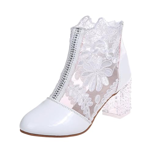Generisch 2025 Damenschuhe Elegante Spitze Blumen Blockabsatz rutschfeste Mesh Strass Abend Party Brautschuhe Schuhe Damen Gr. 38 (White, 39) von Generisch