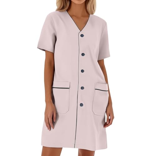 Generisch 2025 - Einfarbiger lockerer kurzärmeliger weißer Laborkittel für Damen Freizeitkleid Damen Blumen (Khaki XXL) von Generisch