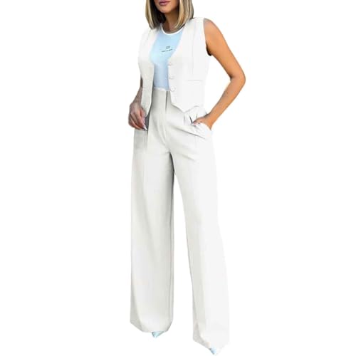 Generisch 2025 Eleganter, einfarbiger für Damen, Weste, Tank-Cardigan, Taschen, Oberteile, weites Bein, Hosenanzug Hosenanzug Damen Elegant Zweiteilig (White, L) von Generisch
