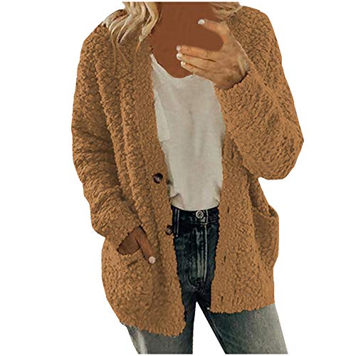 Generisch 2025 - Frauen lässige Plus Größe Plushose Pulli Taschen Oberbekleidung Buttons Cardigan Coat Damen Walk Mantel (Coffee, M) von Generisch