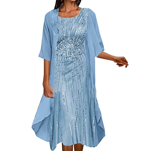 Generisch 2025 - Freizeit Elegant bedrucktes Chiffonkleid Zweiteiler Hochzeitsgast Kleid Damen Sommer (Blue, XL) von Generisch