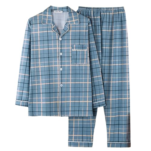 Generisch 2025 Herren-Pyjama Reiner Baumwolle gewebt kariert grober Stoff Homewear langärmelige Strickjacke Schlafanzug Herren Transparent (Dark Blue XXXL) von Generisch