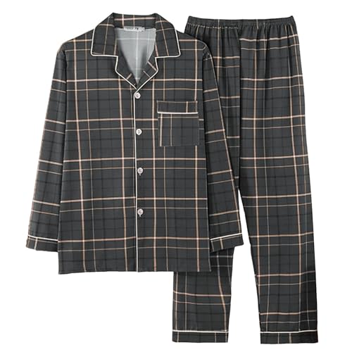 Generisch 2025 Herren-Pyjama Reiner Baumwolle gewebt kariert grober Stoff Homewear langärmelige Strickjacke Schlafanzug Herren Transparent (Grey XXXXXL) von Generisch